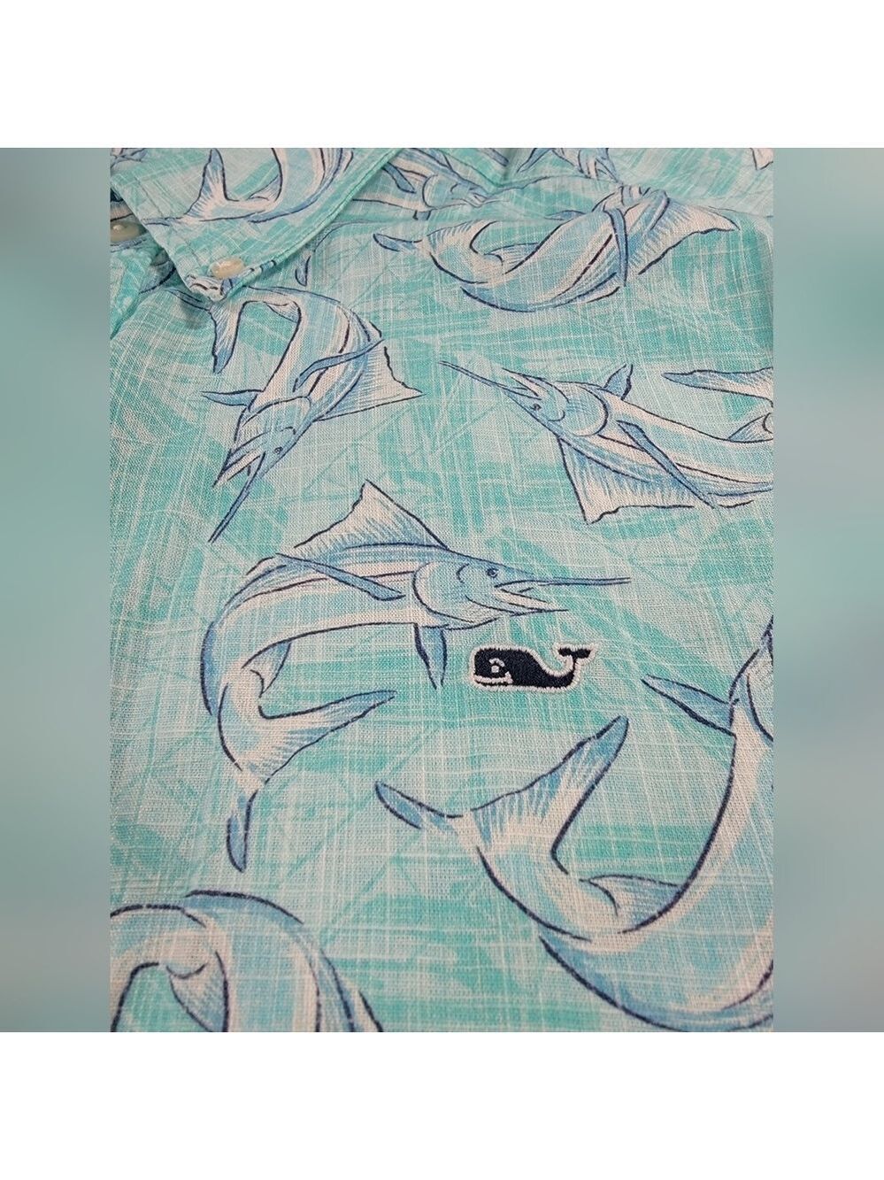 NEW Vineyard Vines Marlin Print Blue Mist Classic Fit Whale Button Shirt Mens XL - Picture 5 of 9